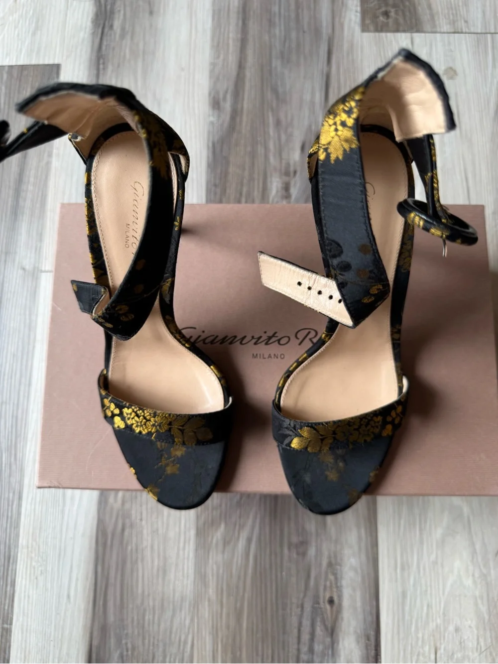 Gianvito Rossi Black Sandals with Gold Floral Detail